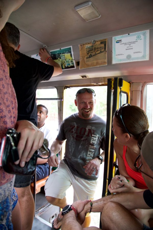 All smiles as passengers board the One Love Bus Bar Crawl in Negril, Jamaica.